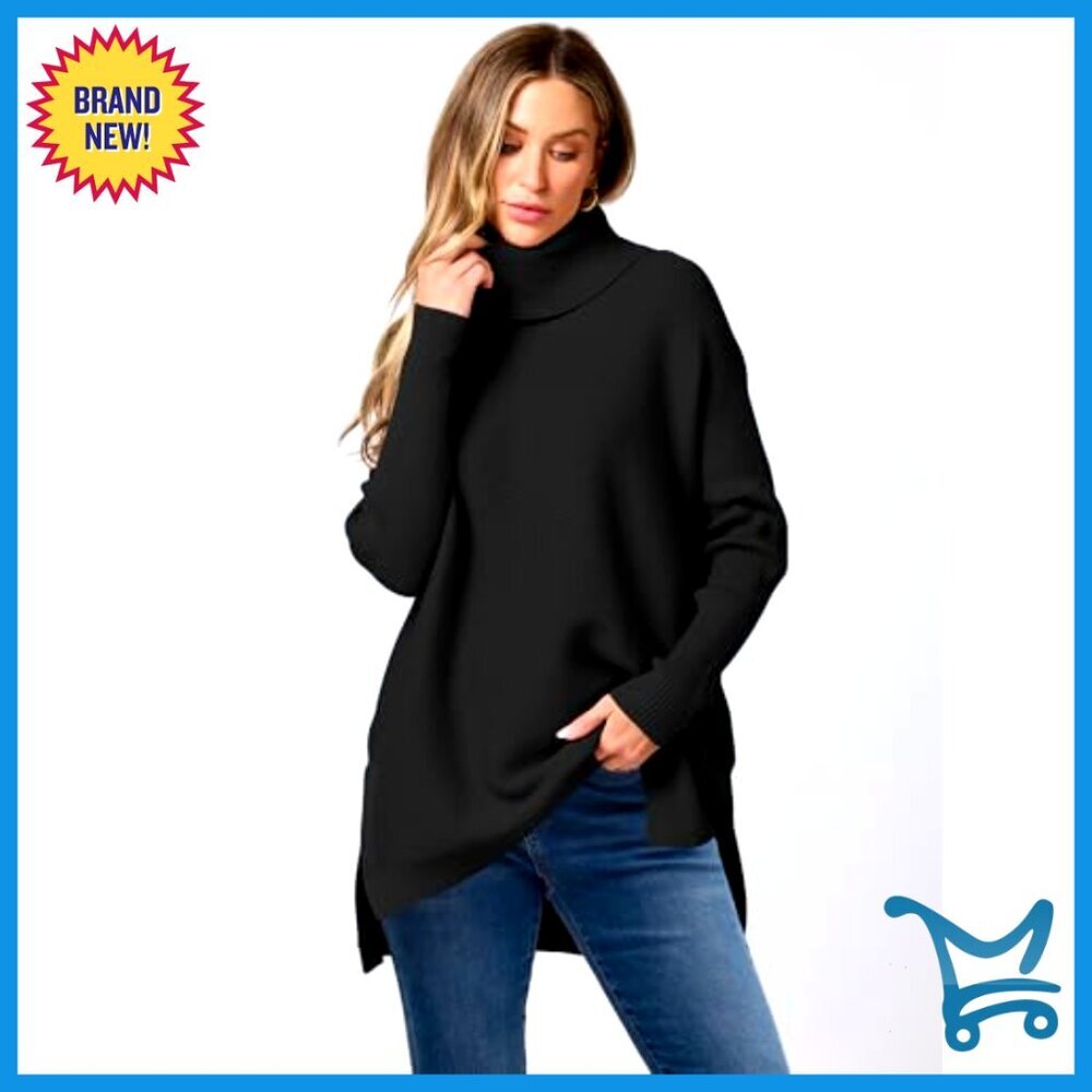 Oversized Turtleneck Batwing Sleeve Split Hem Knit Pullover Sweater - Picture 3 of 7
